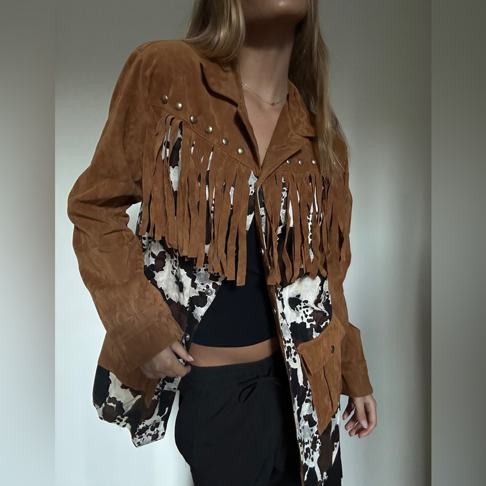 Cow Print Fringe Suede Studded Jacket - Picture 3 of 6